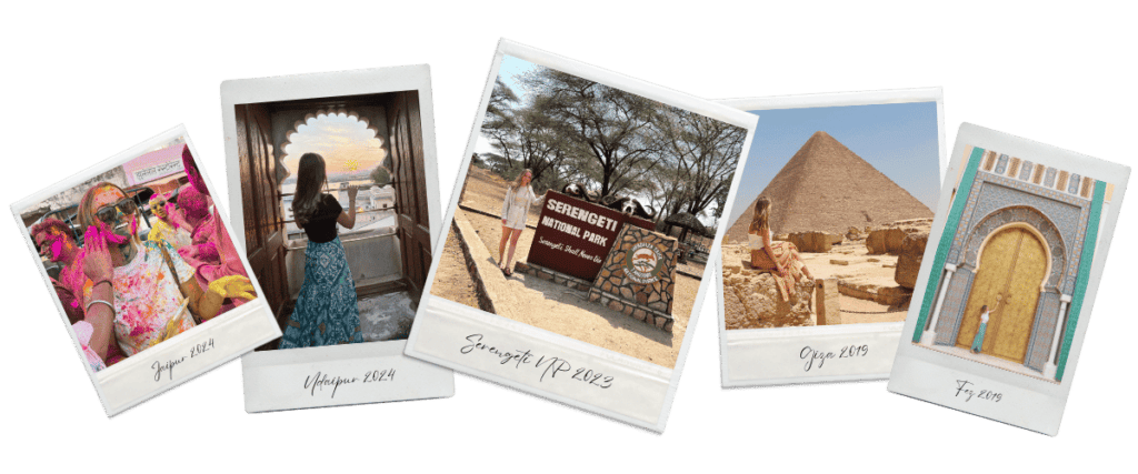 This image features a collage of polaroid-style photos showcasing various travel destinations. Each photo depicts stunning landscapes or iconic landmarks with a solo traveller featured in them. The destinations include the Jaipur, Udaipur, Serengeti NP, Giza, and Fez, with their names and years written below the images, enhancing the nostalgic and personal travel vibe.