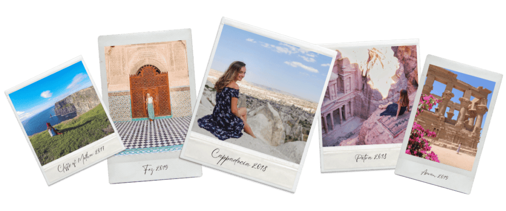 This image features a collage of polaroid-style photos showcasing various travel destinations. Each photo depicts stunning landscapes or iconic landmarks with a solo traveller featured in them. The destinations include the Cliffs of Moher, Fez, Cappadocia, Petra, and Aswan, with their names and years written below the images, enhancing the nostalgic and personal travel vibe.